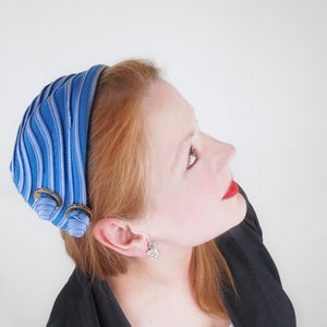 1950s Blue Felt Calot Hat with Satin Stripes and Side Knot Decoration • VFG Member