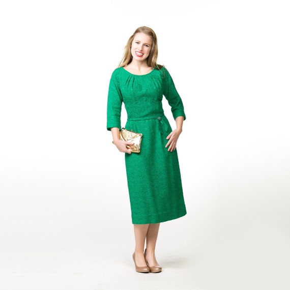 50s Green Brocatelle Cocktail Sheath Dress by R &