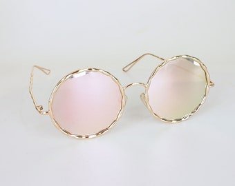 Vintage Gold Wavy Metal Large Round Mirrored Sunglasses • VFG