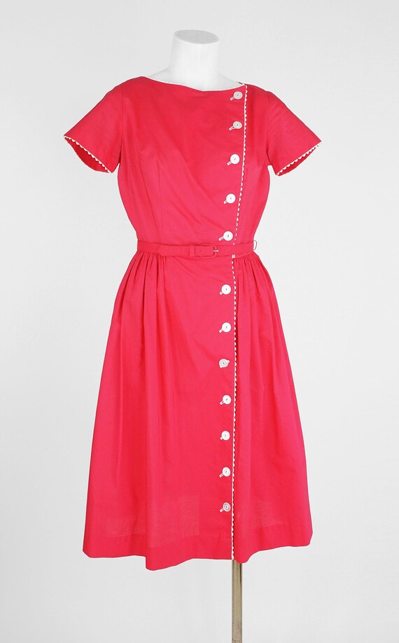 60s Raspberry Red Cotton Full Skirt Dress with Wh… - image 3