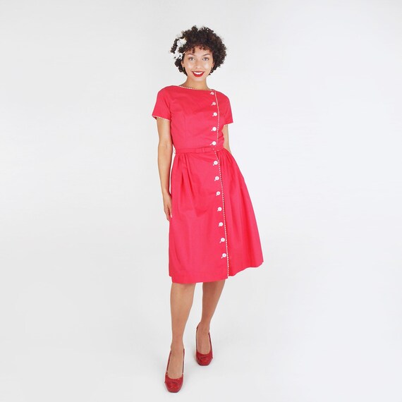 60s Raspberry Red Cotton Full Skirt Dress with Wh… - image 1