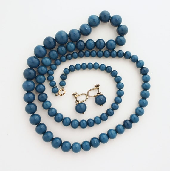 Vintage Teal Blue Graduated Glass Bead Necklace w… - image 1