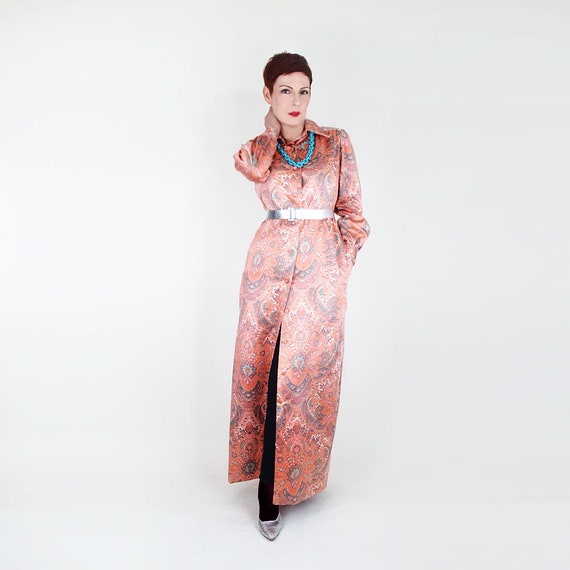 70s Peach & Aqua Paisley Satin Long Shirtdress by