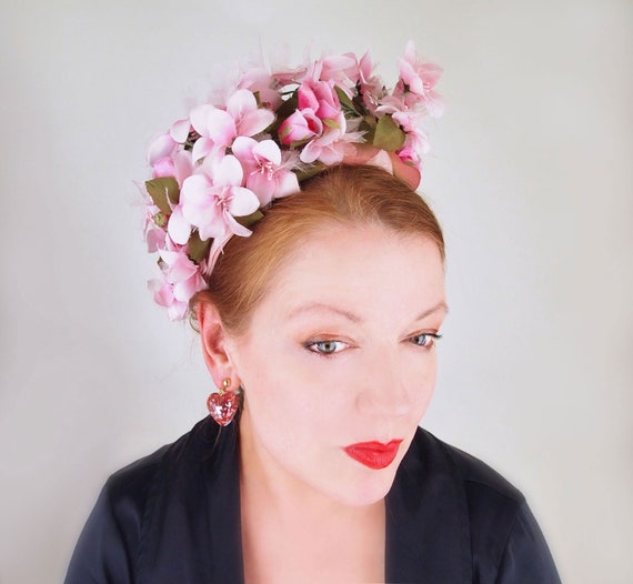 60s Pink Flowers Pillbox Hat by Michael Terre • V… - image 1