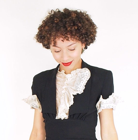 40s Eisenberg Black Rayon Dress with White Lace D… - image 2