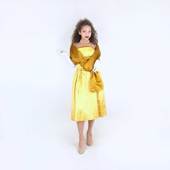 50s Golden Silk Satin Strapless Full Skirt Dress … - image 2