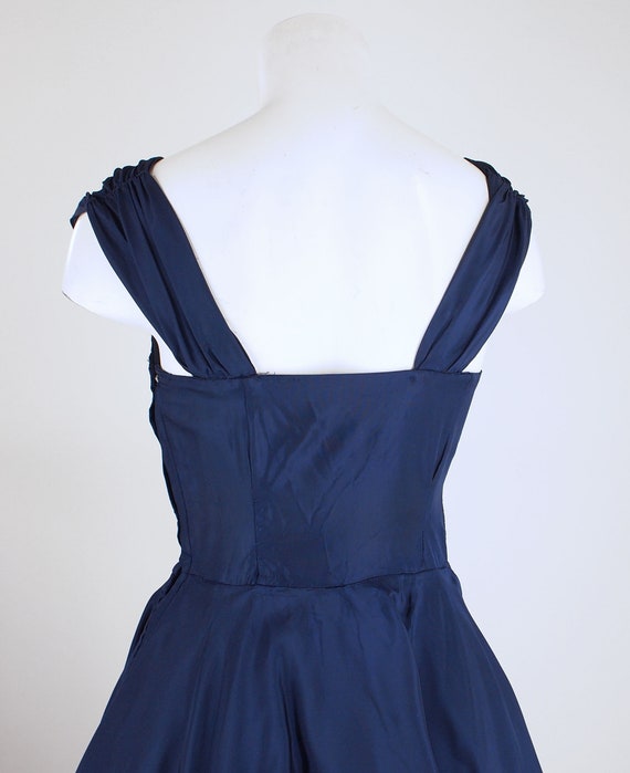 50s Navy Taffeta Circle Skirt Party Dress with Wh… - image 5
