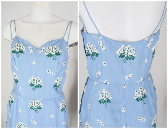 50s Blue Linen Sheath Dress with Flower Embroider… - image 4