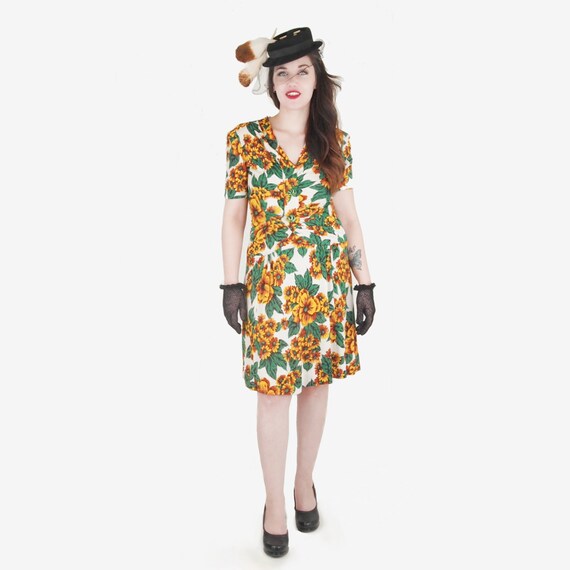 40s Yellow Flowered Rayon Jersey Knit Dress WWII-e