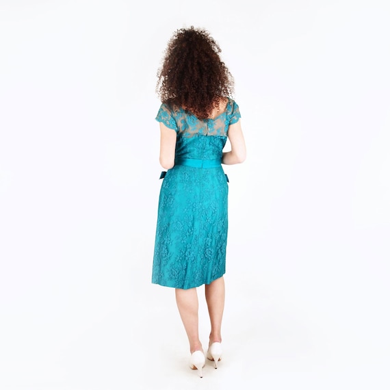 50s Teal Blue Silk Satin & Lace Cocktail Dress by… - image 3