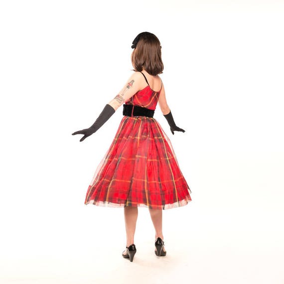 50s Red Plaid Silk Organza Party Dress with Black… - image 4