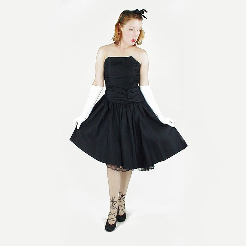 80s Black Strapless Ruched Asymmetrical Party Dress by Jodi