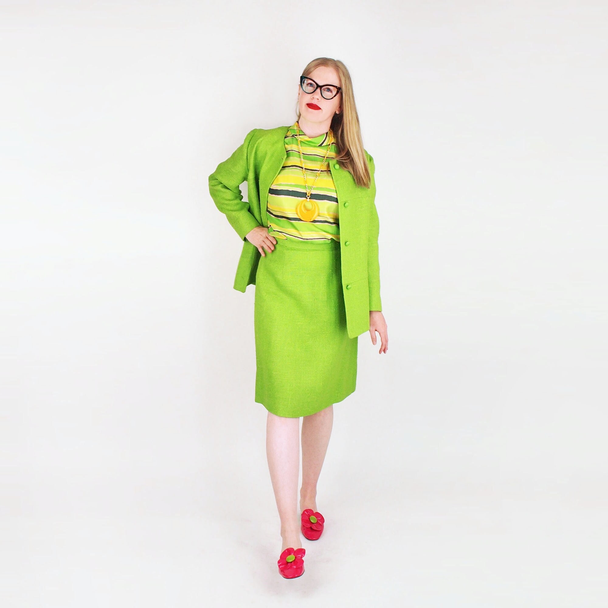 1960s Bright Green Linen Skirt Suit by Glenhaven M - Sleeveless Striped Top Included - VFG Member
