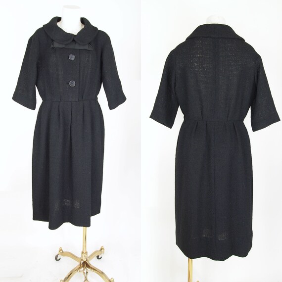 50s Chic Black Wool Boucle Dress with Convertible… - image 2