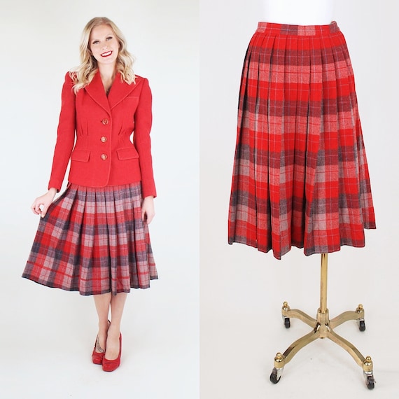 50s Reversible Red & Gray Wool Plaid Pleated Skir… - image 1