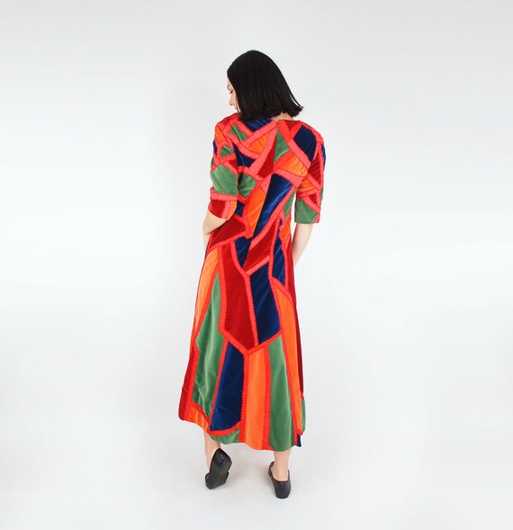 70s Cotton Velvet Crazy Quilt Patchwork Dress • A… - image 3