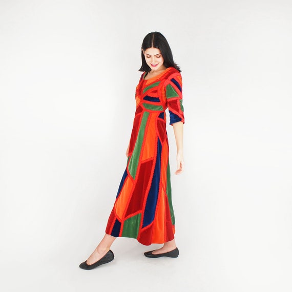 70s Cotton Velvet Crazy Quilt Patchwork Dress • A… - image 2