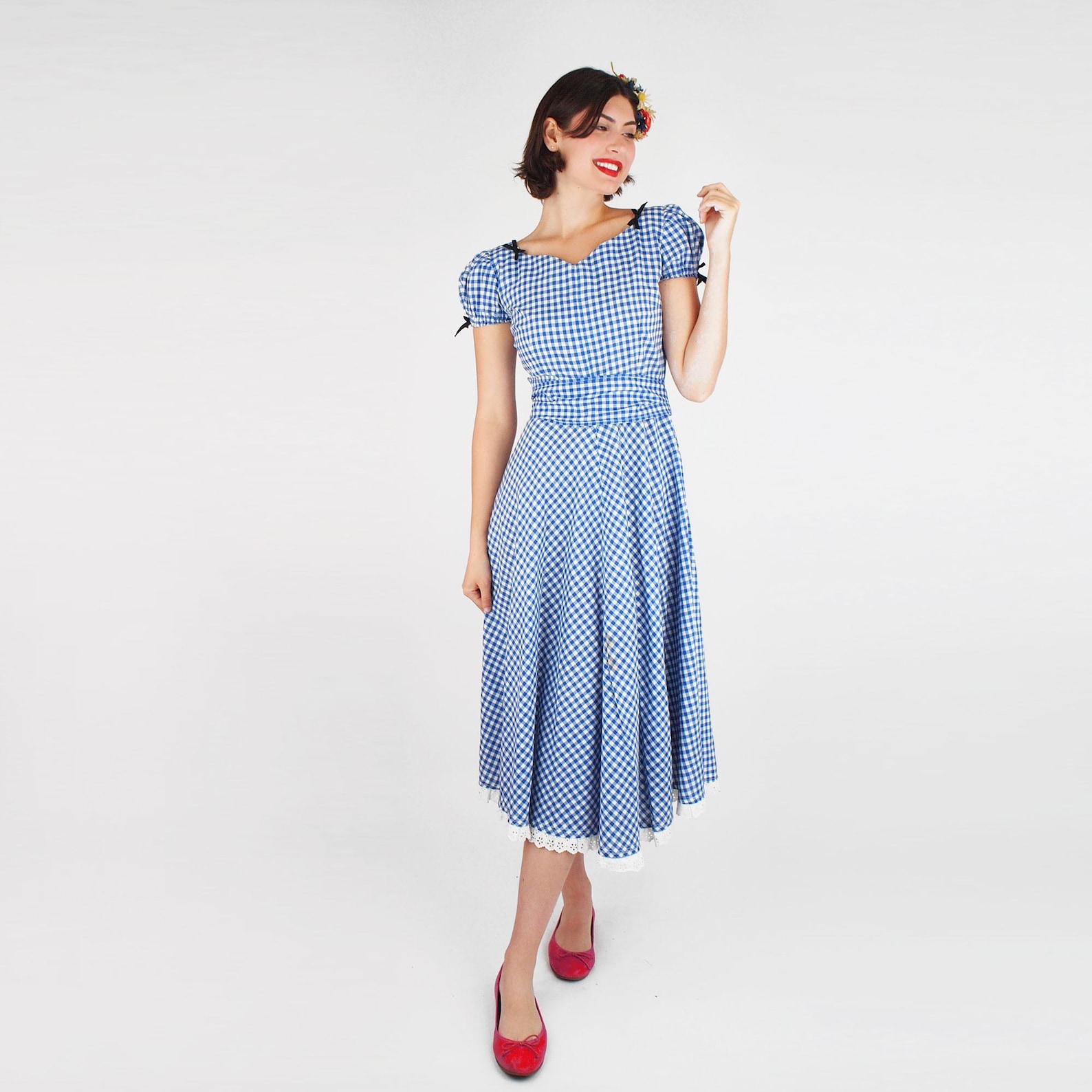 1950s Blue & White Gingham Dance Dress - Cotton, Sweetheart Neckline, Puff Sleeves Size S