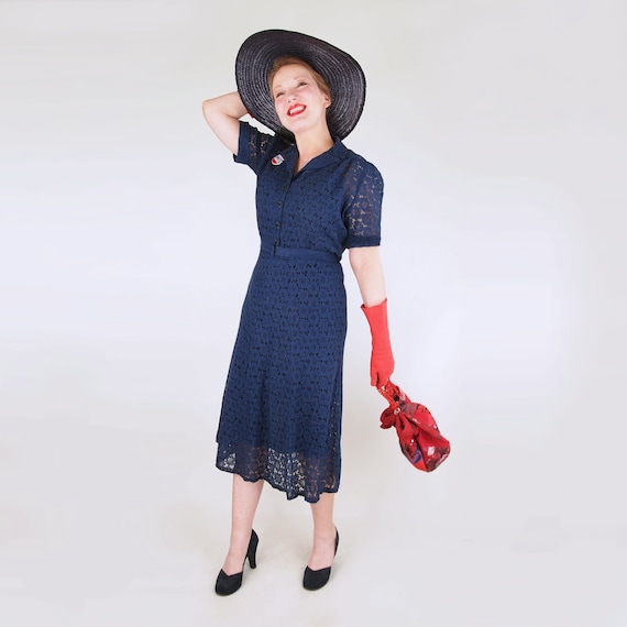 30s Navy Cotton Lace Depression Era Dress with Puf