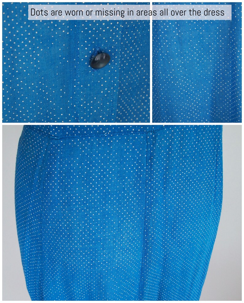50s Blue Pin Dot Cotton Gauze Shirtwaist Dress with Bow at Neck XL