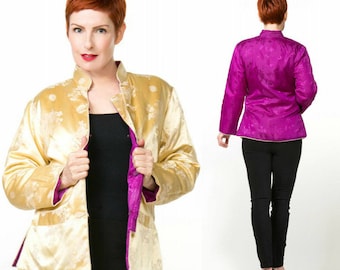 Vintage Gold & Purple Brocade Asian Mandarin Padded Jacket M • VFG