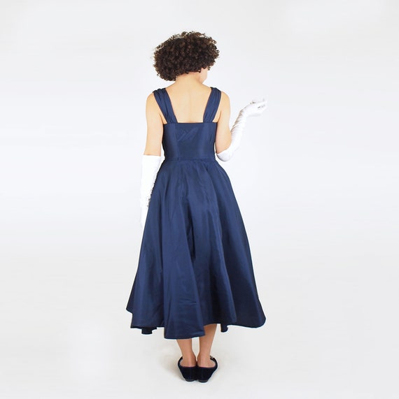 50s Navy Taffeta Circle Skirt Party Dress with Wh… - image 2