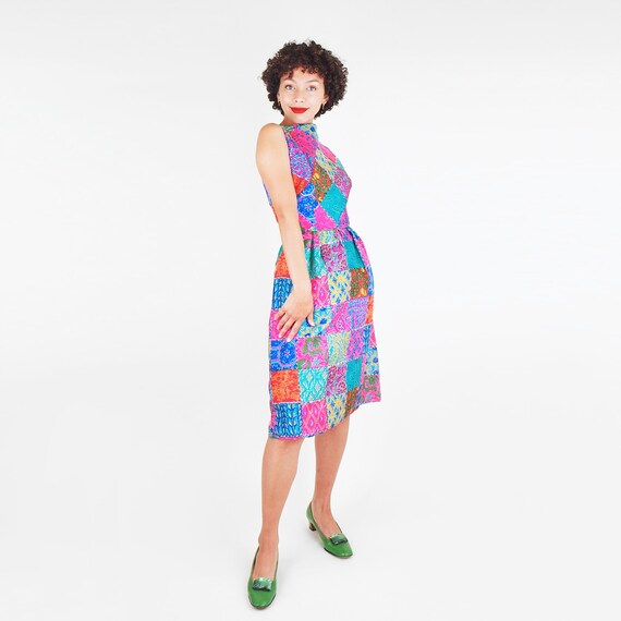 60s Bright Patchwork Print Silk Sleeveless Dress With A Line - Etsy