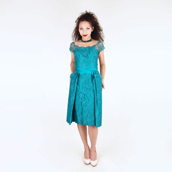 50s Teal Blue Silk Satin & Lace Cocktail Dress by… - image 2