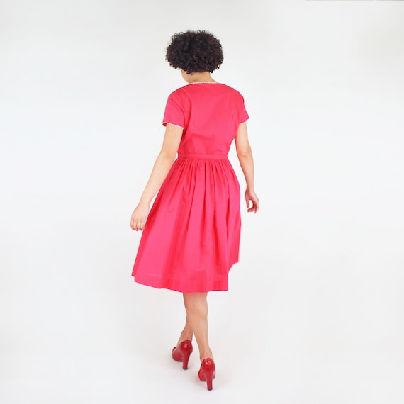 60s Raspberry Red Cotton Full Skirt Dress with Wh… - image 2