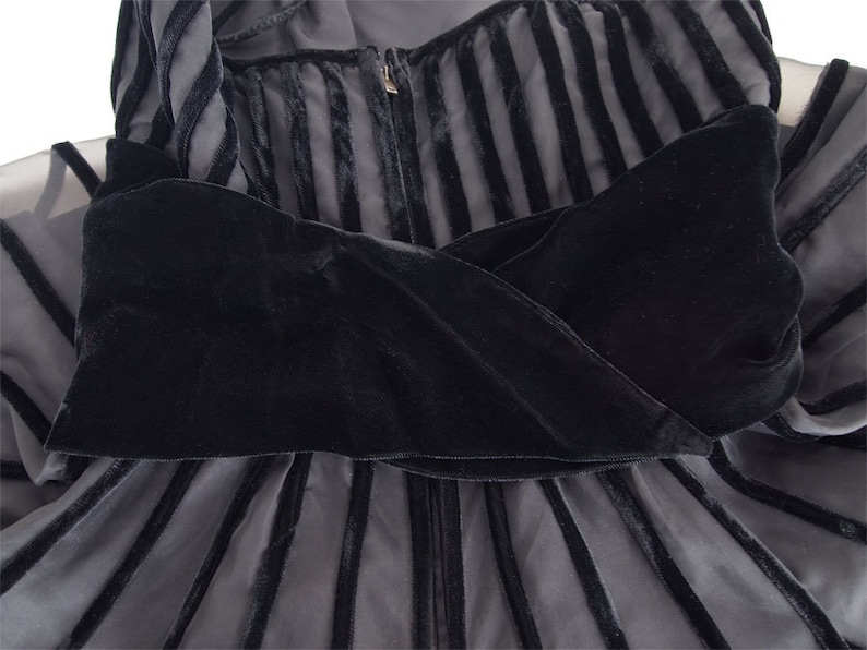 60s Black Velvet Stripe Circle Skirt Party Dress XS VFG image 6