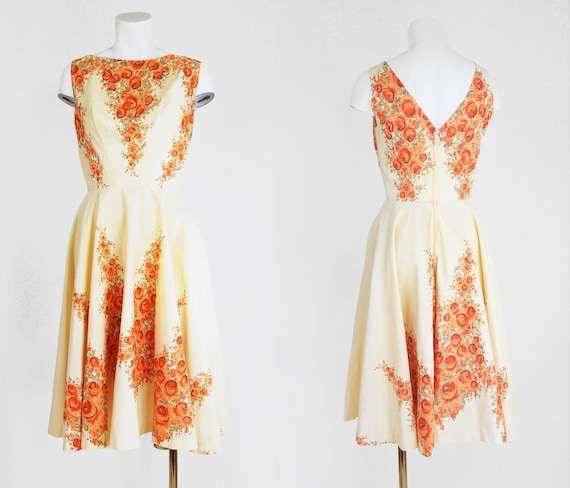 50s Yellow Cotton Circle Skirt Dress Orange Flowe… - image 2