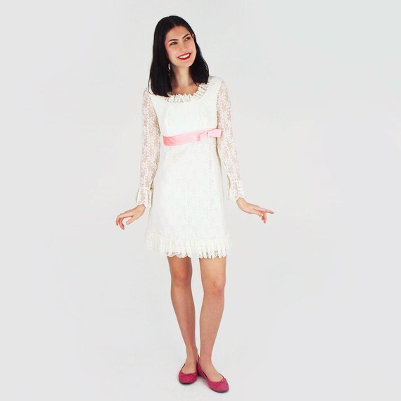 60s White Lace Empire Waist Dolly Mod Mini Dress With Pink 60s White Lace Empire Waist Dolly Mod Mini Dress With Pink