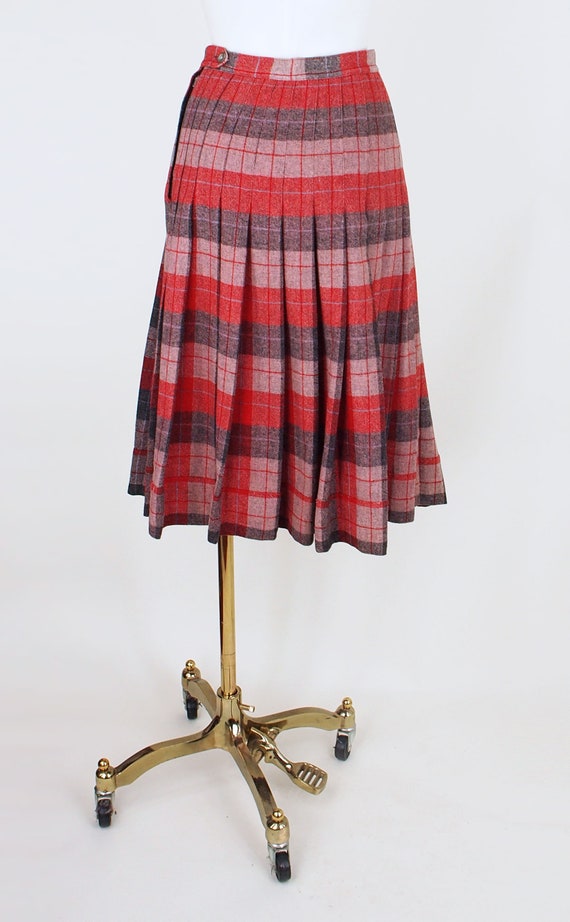 50s Reversible Red & Gray Wool Plaid Pleated Skir… - image 3