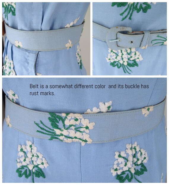 50s Blue Linen Sheath Dress with Flower Embroider… - image 7