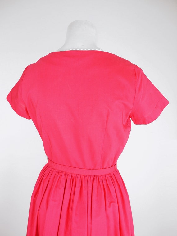 60s Raspberry Red Cotton Full Skirt Dress with Wh… - image 7