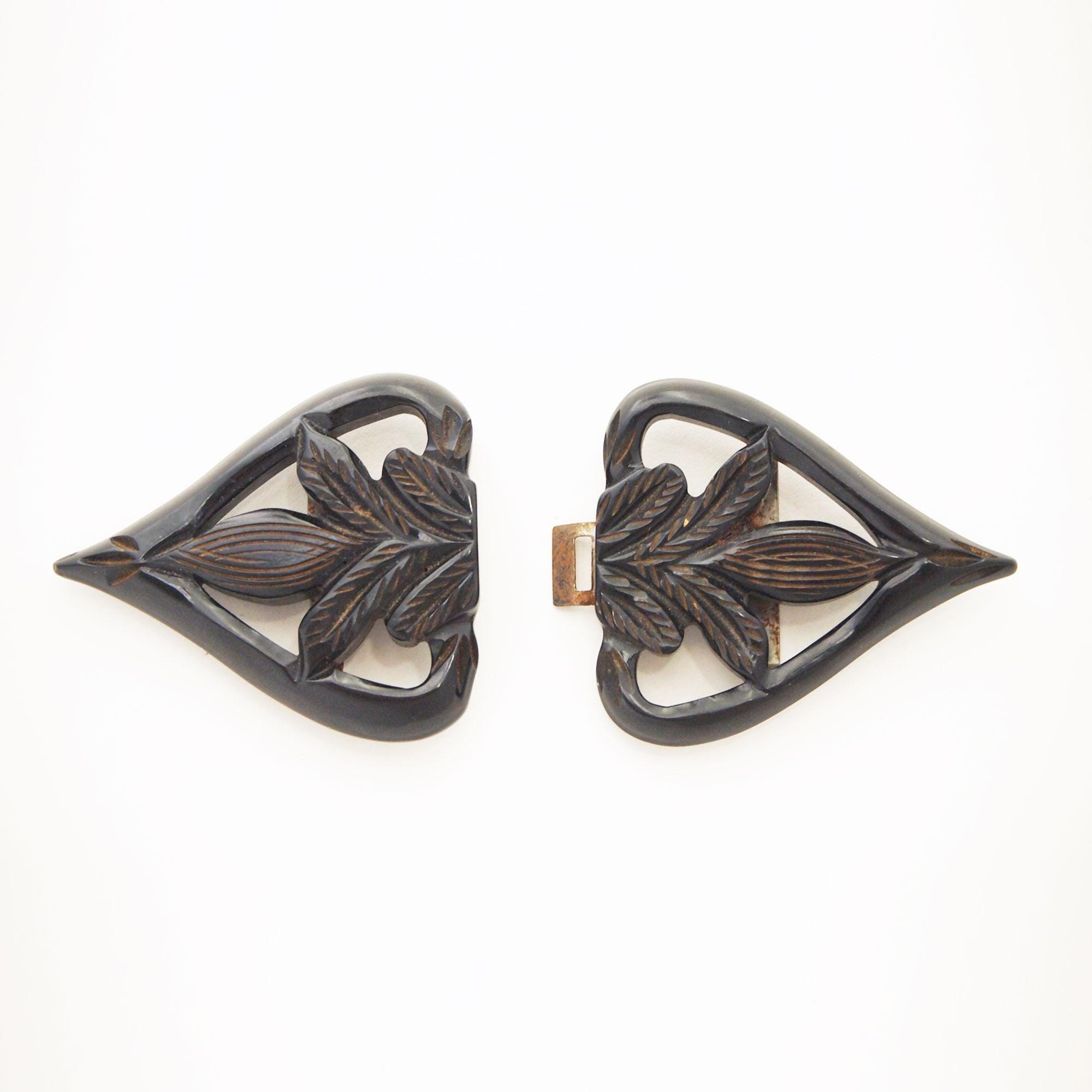 1930s Black Carved Bakelite Leaves Buckle - Benefiting the  display picture 2