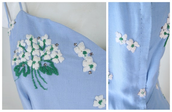 50s Blue Linen Sheath Dress with Flower Embroider… - image 5