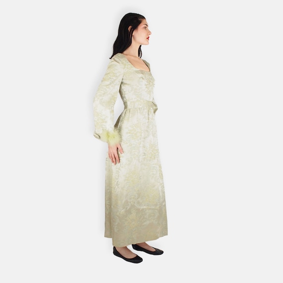 1960s-70s Pale Green Damask Maxi Dress - Bridesmaid / Evening S - VFG Member