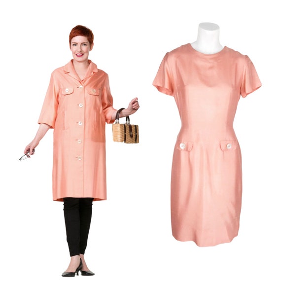 60s Peach Silk Sheath Dress & Light Coat with She… - image 1