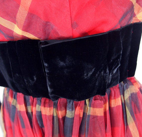 50s Red Plaid Silk Organza Party Dress with Black… - image 9