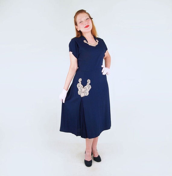 40s 50s Navy Blue Rayon Dress with Lace, Fan of Pl