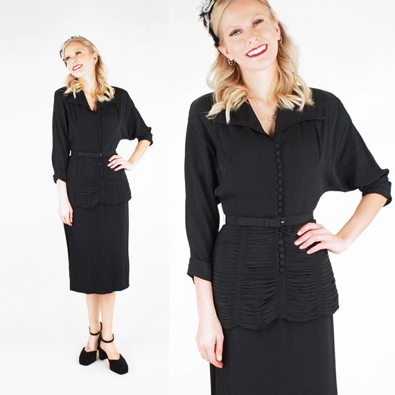 Late 1940s Black Rayon Ruched Peplum Dress with Dolman Sleeves, Many Buttons XXS - VFG Member