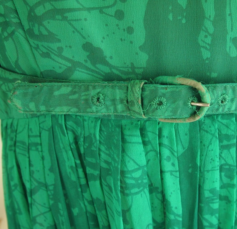 50s Green Print Layered Silk Chiffon Full Skirt Dress by Dauphine As-Is L VFG image 4