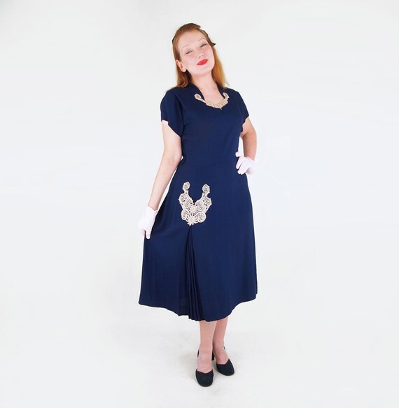 40s 50s Navy Blue Rayon Dress with Lace, Fan of Pl