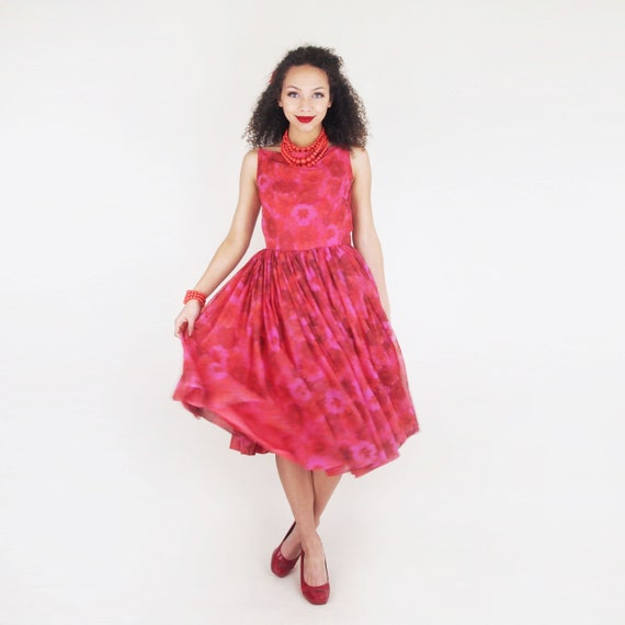 50s Red Pink Orange Flower Full Skirt Party Dress