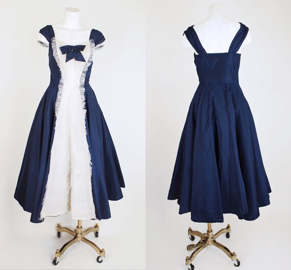 50s Navy Taffeta Circle Skirt Party Dress with Wh… - image 3