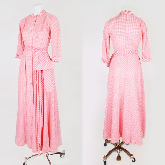 50s Pink Gingham Long Hostess Dress with Sash XS … - image 3