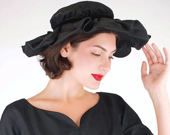 1950s Sally Victor Black Taffeta Hat – Wide Ruffled Brim, Velvet Ribbon – VFG Member