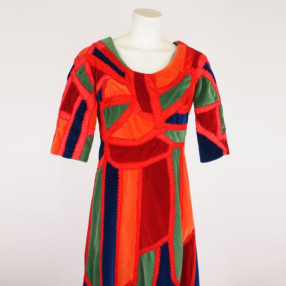70s Cotton Velvet Crazy Quilt Patchwork Dress • A… - image 5