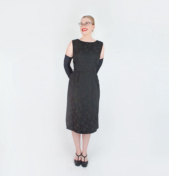 1950s Black Damask Sheath - Floral Jacquard Little Black Dress - M 1950s Black Damask Sheath - Floral Jacquard Little Black Dress - M